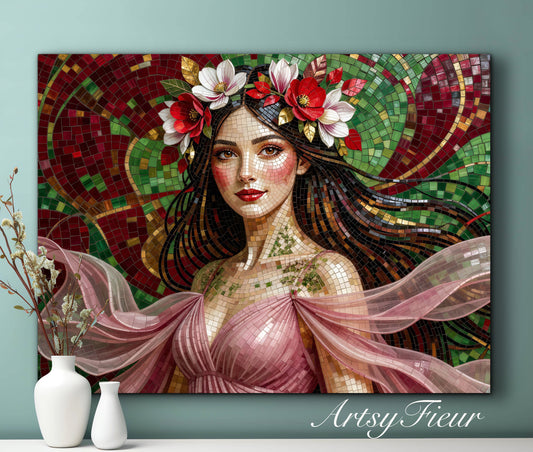 Framed Canvas- Vibrant Magnolia Flowers Beautiful Brunette Woman’s Abstract Portrait Mosaic Original Artwork Fantasy Wall Art Print