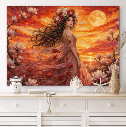 Framed Canvas- Vibrant Magnolia Flowers Beautiful Brunette Woman’s Abstract Portrait Mosaic Original Artwork Fantasy Wall Art Print