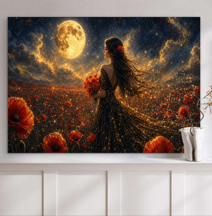 Framed Canvas - Vibrant Poppies Whimsical Full Moon Bride in Poppy Field, Wall Art Ready to hang Oil Painting Original Artwork Print Black Wedding Dress
