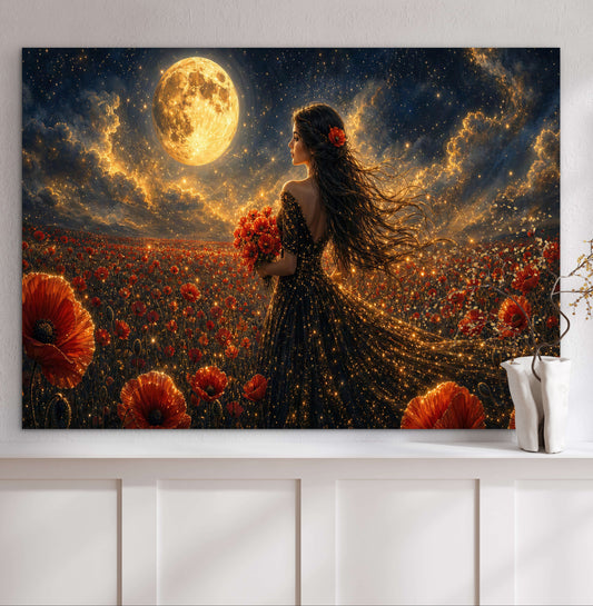 Framed Canvas - Vibrant Poppies Whimsical Full Moon Bride in Poppy Field, Wall Art Ready to hang Oil Painting Original Artwork Print Black Wedding Dress
