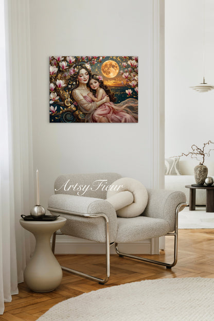 Framed Canvas- Vibrant Magnolia Flowers Mother and Daughter Portrait Original ArtworkFantasy Wall Art