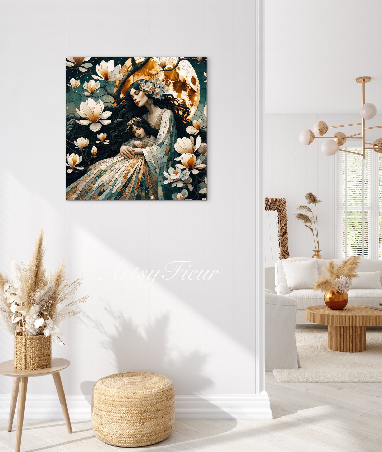 Framed canvas- ready to hang wall art print, abstract mother and daughter portrait Mosaic Magnolia Flowers Whimsical Full Moon