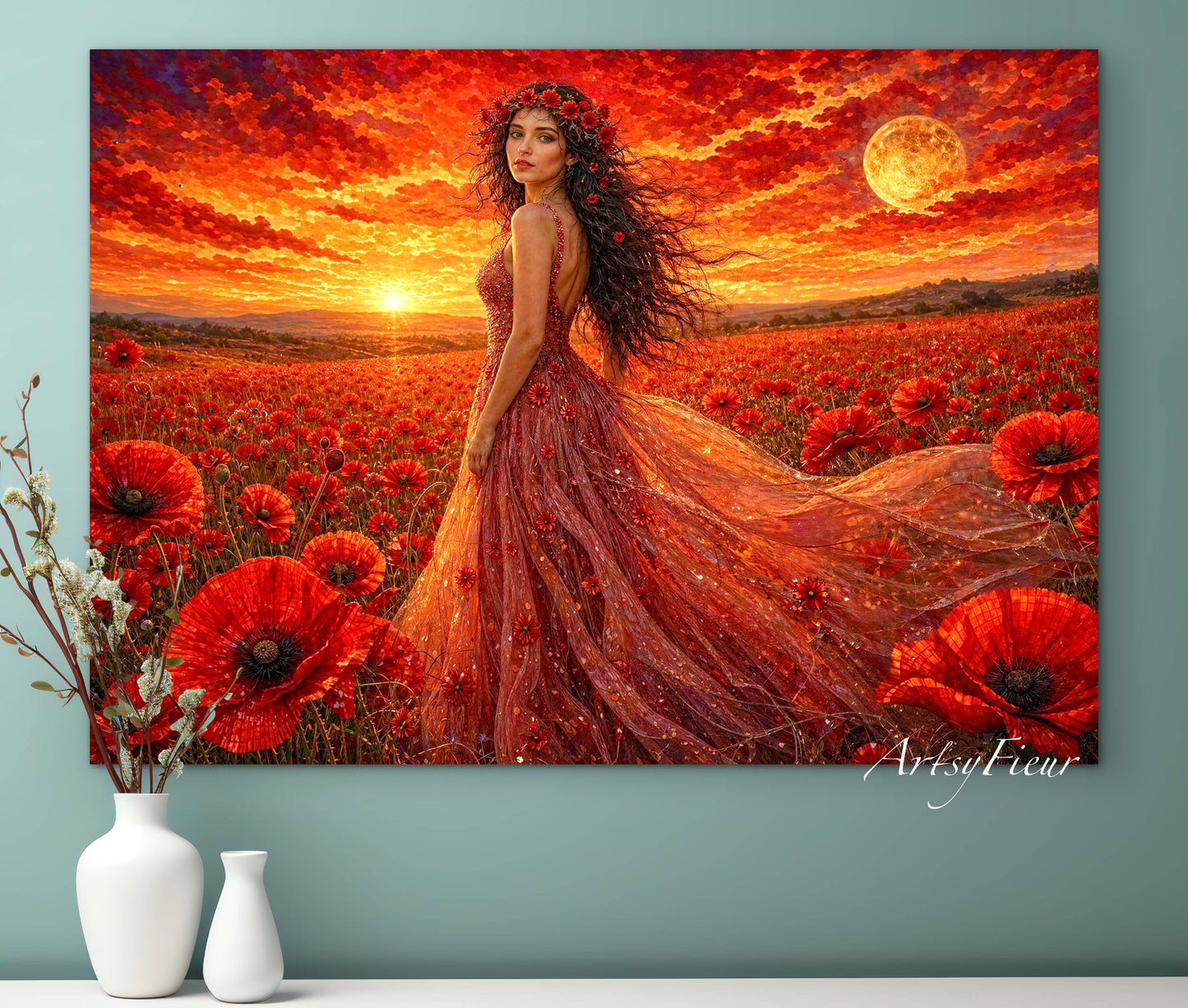 Framed Canvas - Vibrant Poppies Whimsical Full Moon Bride in Poppy Field, Wall Art Ready to hang Oil Painting Original Artwork Print