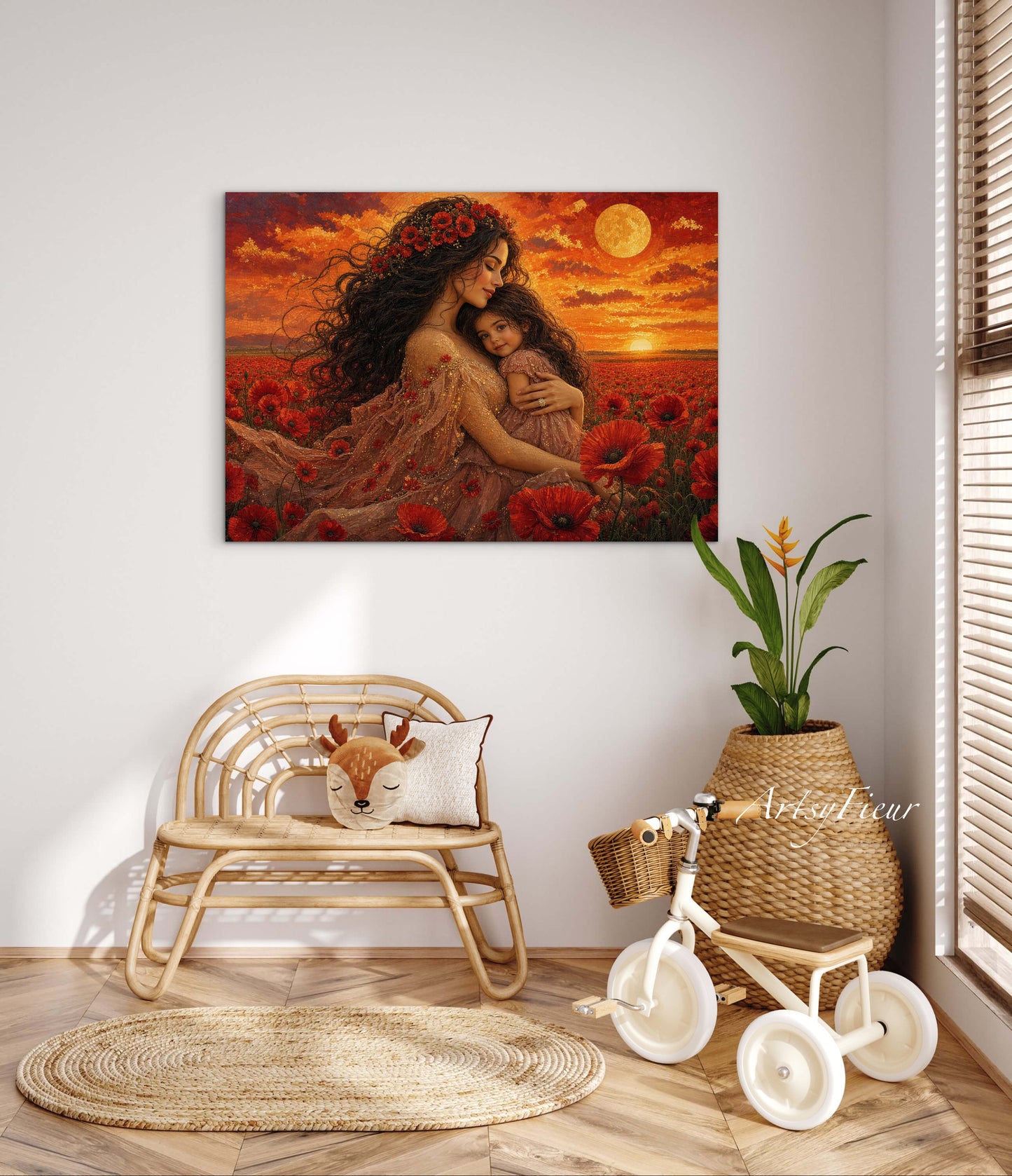 Framed Canvas- Vibrant Poppies Field Mother and Daughter Portrait Whimsical Full Moon Sunset Fantasy Oil Painting Wall Art Print