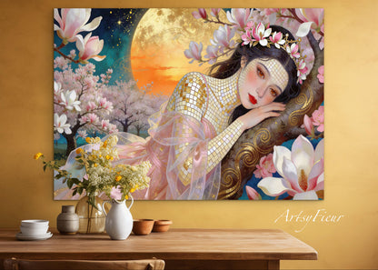 Framed Canvas- Vibrant Magnolia Flowers Beautiful Brunette Woman’s Abstract Portrait Mosaic Original Artwork Fantasy Wall Art Print