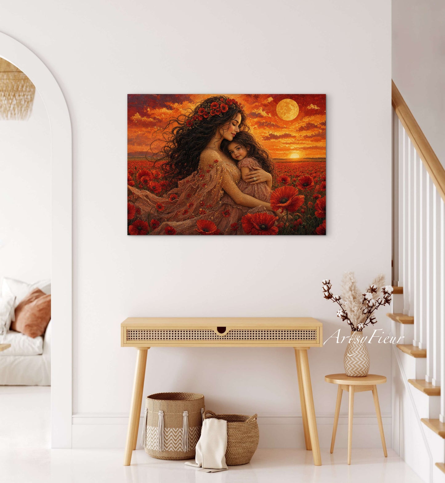 Framed Canvas- Vibrant Poppies Field Mother and Daughter Portrait Whimsical Full Moon Sunset Fantasy Oil Painting Wall Art Print