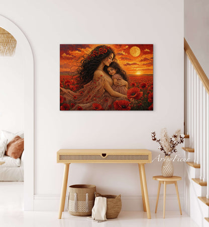 Framed Canvas- Vibrant Poppies Field Mother and Daughter Portrait Whimsical Full Moon Sunset Fantasy Oil Painting Wall Art Print