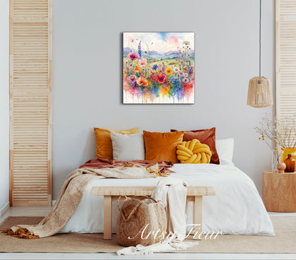 Framed Canvas- Original Artwork Vibrant Colours Wildflowers Watercolour Painting Abstract Colourful Landscape Living Room Wall Art Print