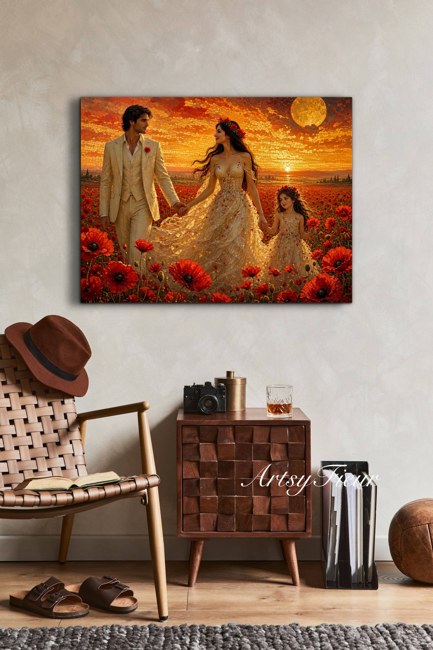 Framed Canvas Vibrant Poppies- Whimsical full moon fantasy oil painting Wedding celebration mother and daughter beautiful family portrait Original wall art print