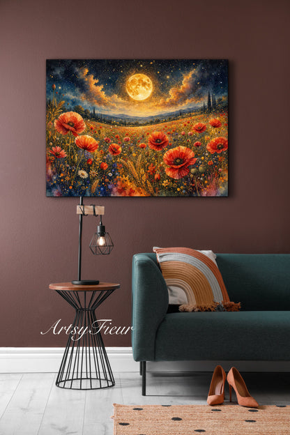 Framed Canvas Print- Vibrant Wildflowers and Poppies Oil Painting Textured Wall Art , Beautiful Original Artwork Ready to Hang Living Room, Floral