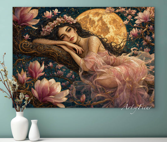 Framed Canvas- Vibrant Magnolia Flowers Beautiful Tinkerbell Woman’s Abstract Portrait Mosaic Original Artwork Fantasy Wall Art Print
