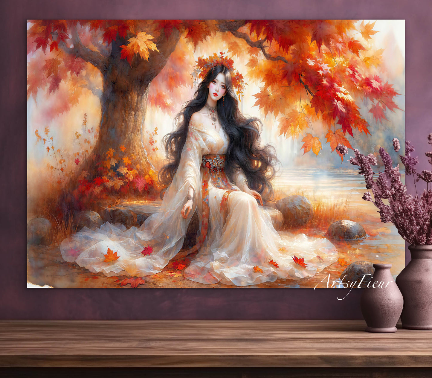 Framed Canvas- Vibrant Colours Beautiful Brunette Asian Woman Under the Maple Tree Abstract Portrait Original Artwork Fantasy Autumn Wall Art Print