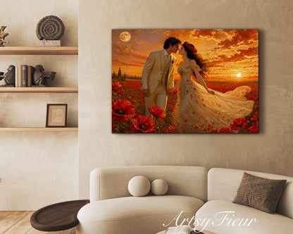 Framed canvas- whimsical full moon sunset bride and groom, wedding, poppy field, vibrant colours living room original artwork, fantasy oil painting wall art print