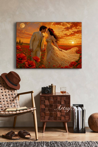 Framed canvas- whimsical full moon sunset bride and groom, wedding, poppy field, vibrant colours living room original artwork, fantasy oil painting wall art print
