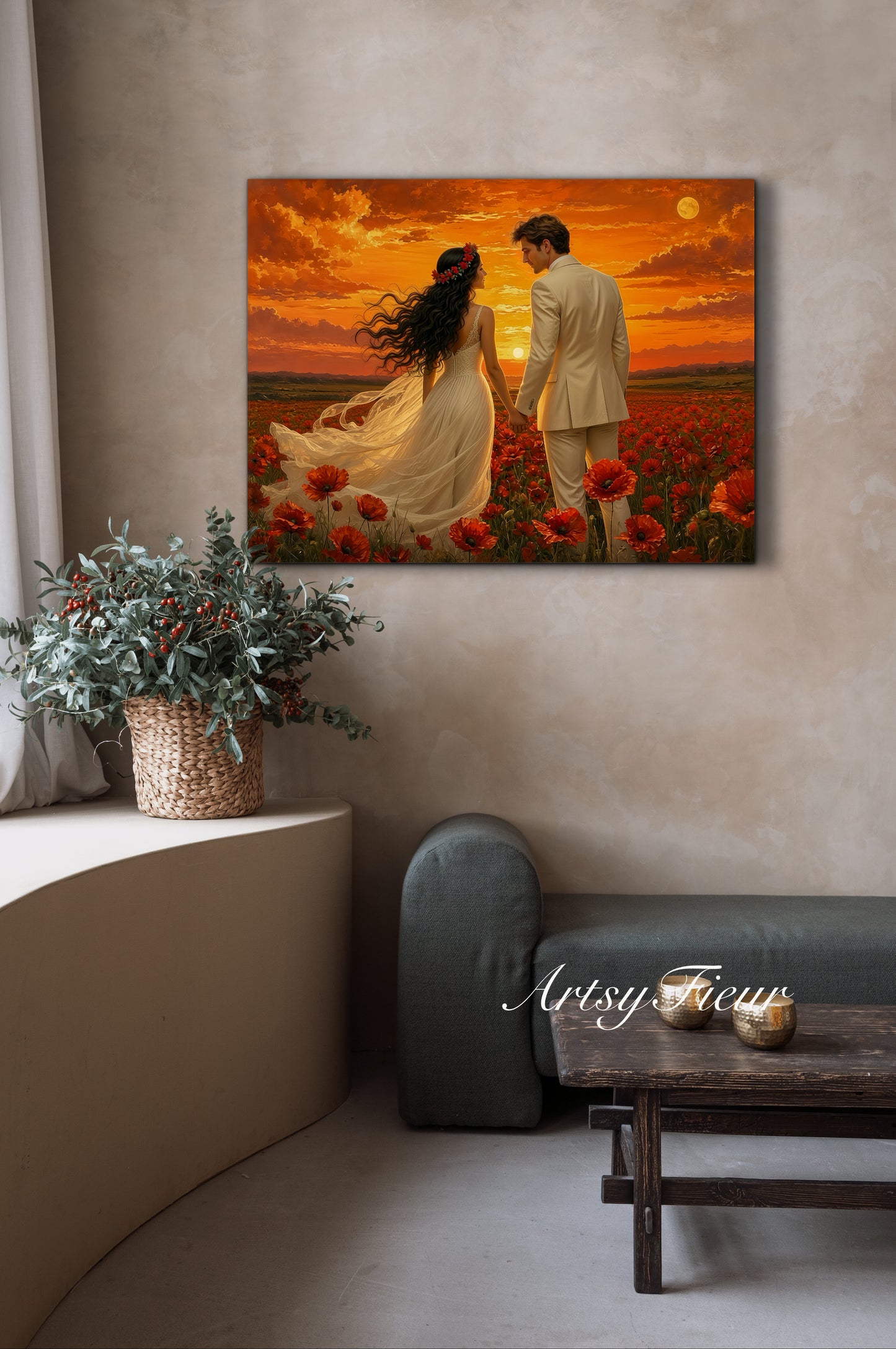 Framed canvas- whimsical full moon sunset bride and groom, wedding, poppy field, vibrant colours living room original artwork, fantasy oil painting wall art print
