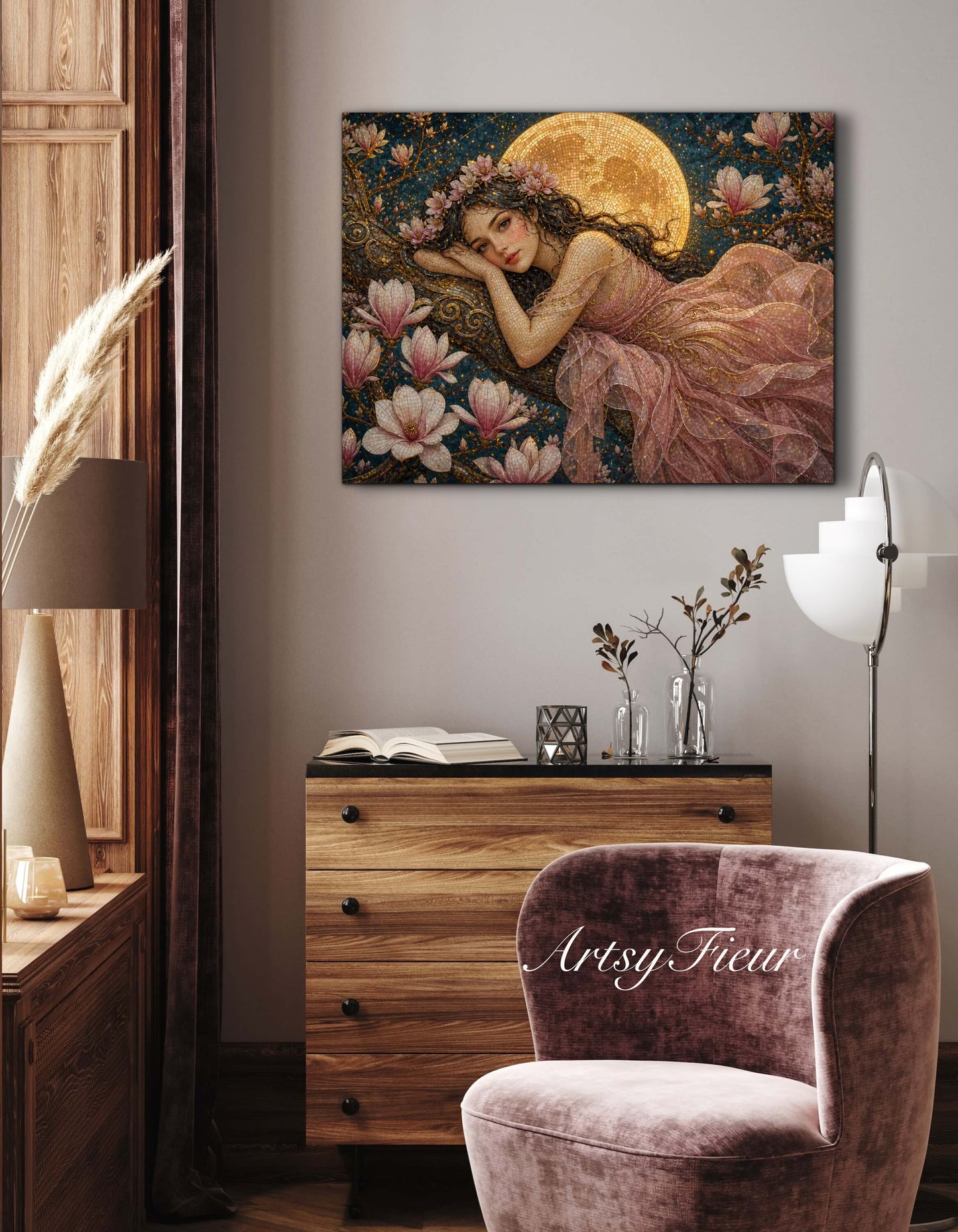 Framed Canvas- Vibrant Magnolia Flowers Beautiful Brunette Woman’s Portrait Mosaic Original Artwork Fantasy Wall Art Whimsical Full Moon