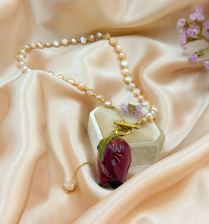 *REAL FLOWER Red Rose Necklace Preserved Flower in Resin Pink Freshwater Cultured Pearls Front Round Closure Hypoallergenic