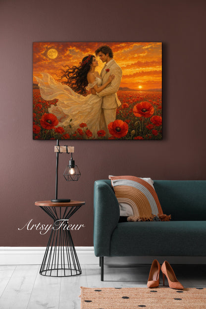 Framed canvas- whimsical full moon sunset bride and groom, wedding, poppy field, vibrant colours living room original artwork, fantasy oil painting wall art print
