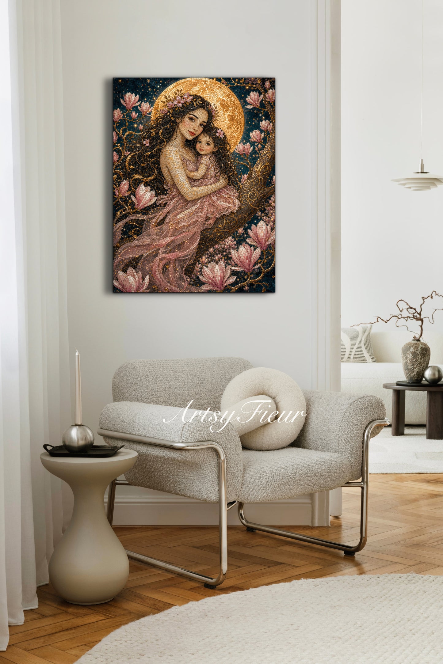 Framed canvas- Abstract Portrait Mosaic Fairy Beautiful Brunette Mother and Daughter Vibrant Magnolia Flowers Fantasy Wall Art Print