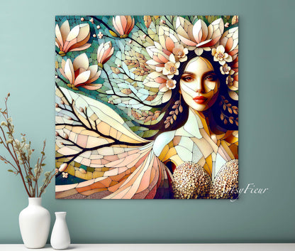Framed canvas- Original Artwork Vibrant Magnolia Flowers Mosaic Portrait Beautiful Brunette Woman Wall Art Print
