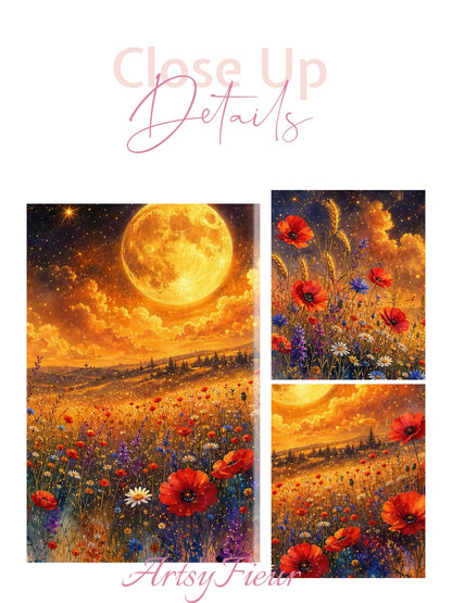Framed Canvas Print- Vibrant Wildflowers and Poppies Oil Painting Textured Wall Art , Beautiful Original Artwork Ready to Hang Living Room, Floral