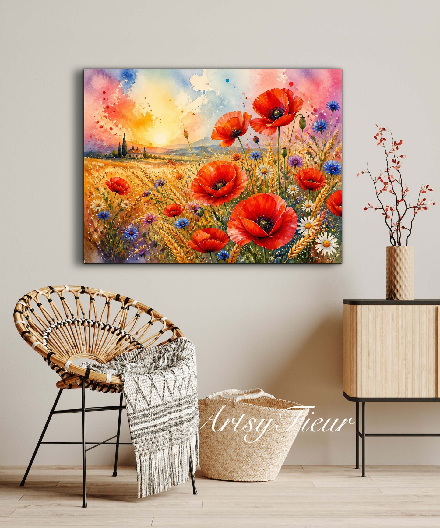 Framed Canvas Print- Vibrant Wildflowers and Poppies Oil Painting Textured Wall Art , Beautiful Original Artwork Ready to Hang Living Room, Floral