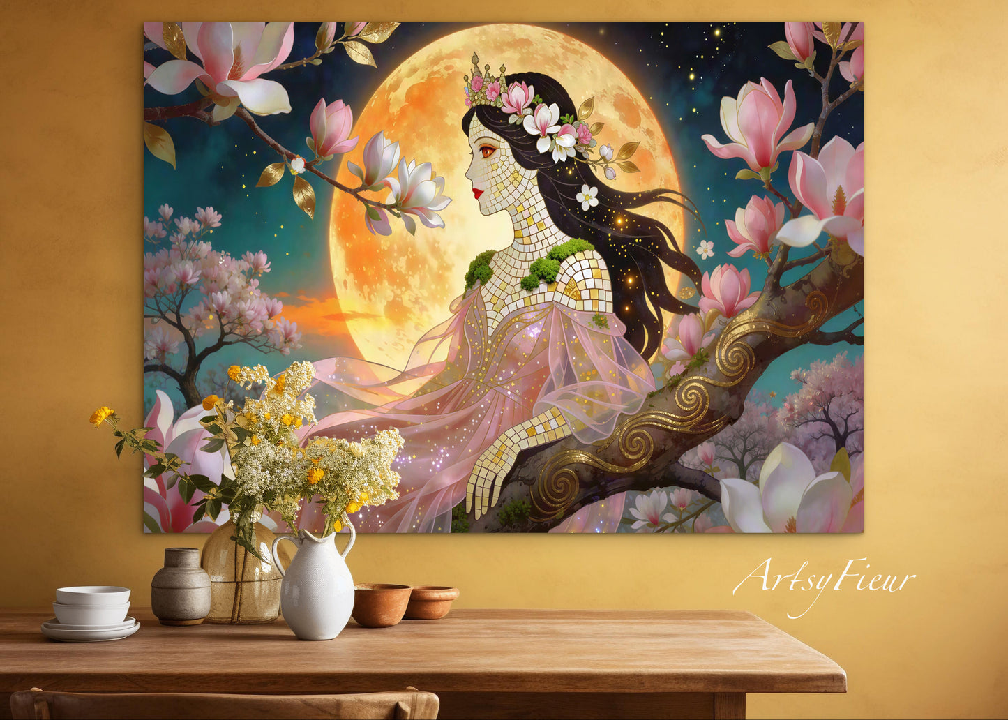 Framed Canvas- Vibrant Magnolia Flowers Beautiful Brunette Woman’s Abstract Portrait Mosaic Original Artwork Fantasy Wall Art Print Mother Nature