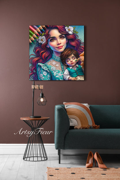 Framed canvas- ready to hang wall art print, colourful drawing abstract portrait mother and son vibrant colours, dark hair brunette beautiful woman , mum and baby boy, motherhood, mothers day gift, unique original artwork