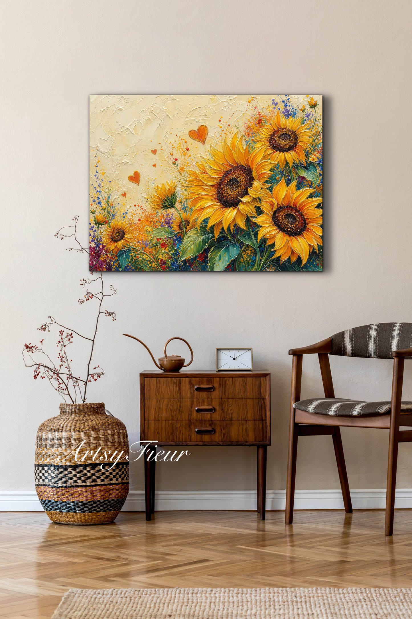 Framed Canvas Print- Vibrant Wildflowers and sunflowers Oil Painting Textured Wall Art , Beautiful Original Artwork Ready to Hang Living Room, Floral