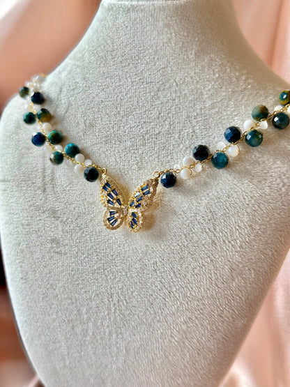 Blue Butterfly Necklace Handmade Braided Beaded | Natural Blue Tiger’s Eye Gemstone | Hypoallergenic| 18k Gold Plated