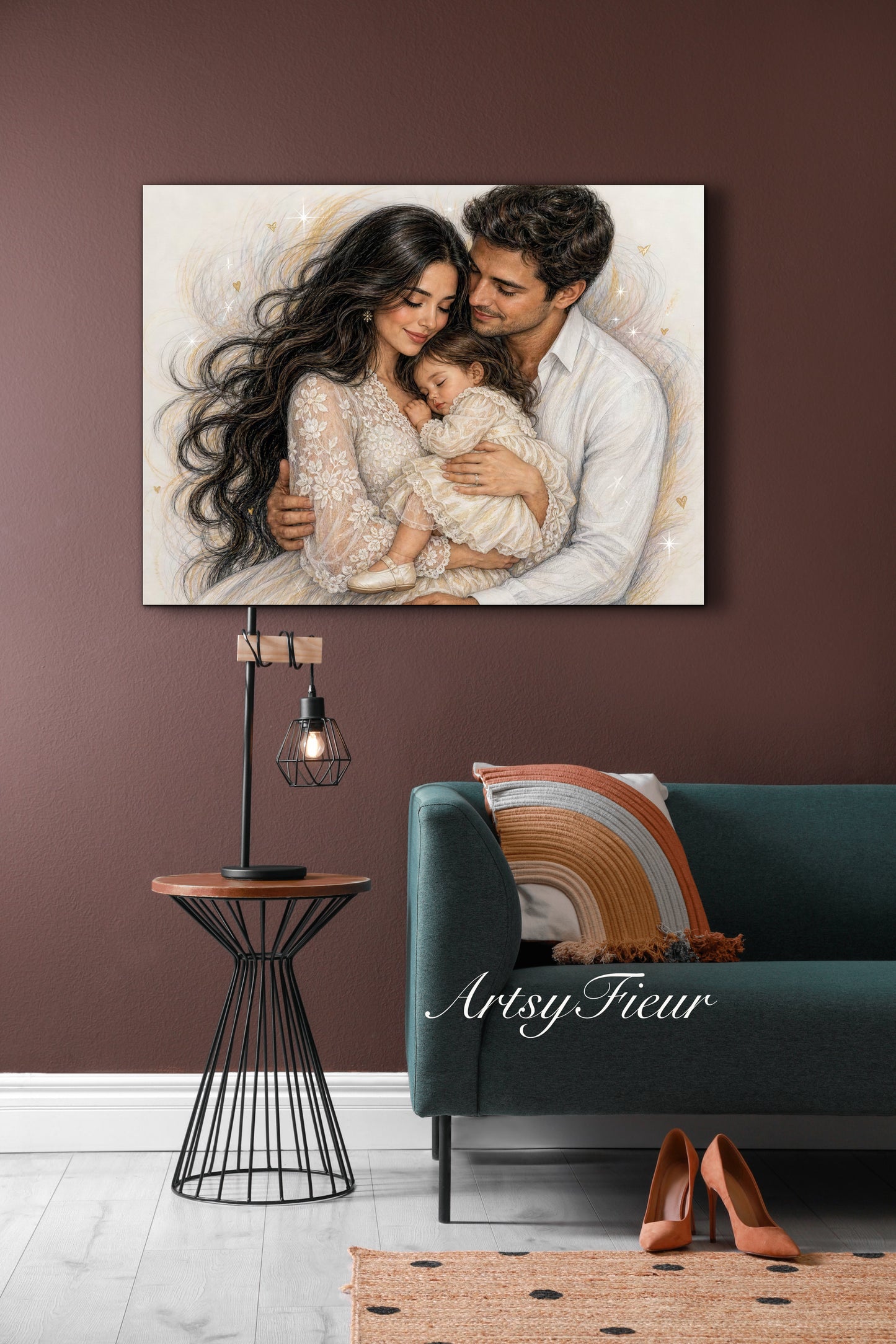 Framed Canvas- Vibrant Mother and Daughter Dad Family Portrait Fantasy Drawing Wall Art Print