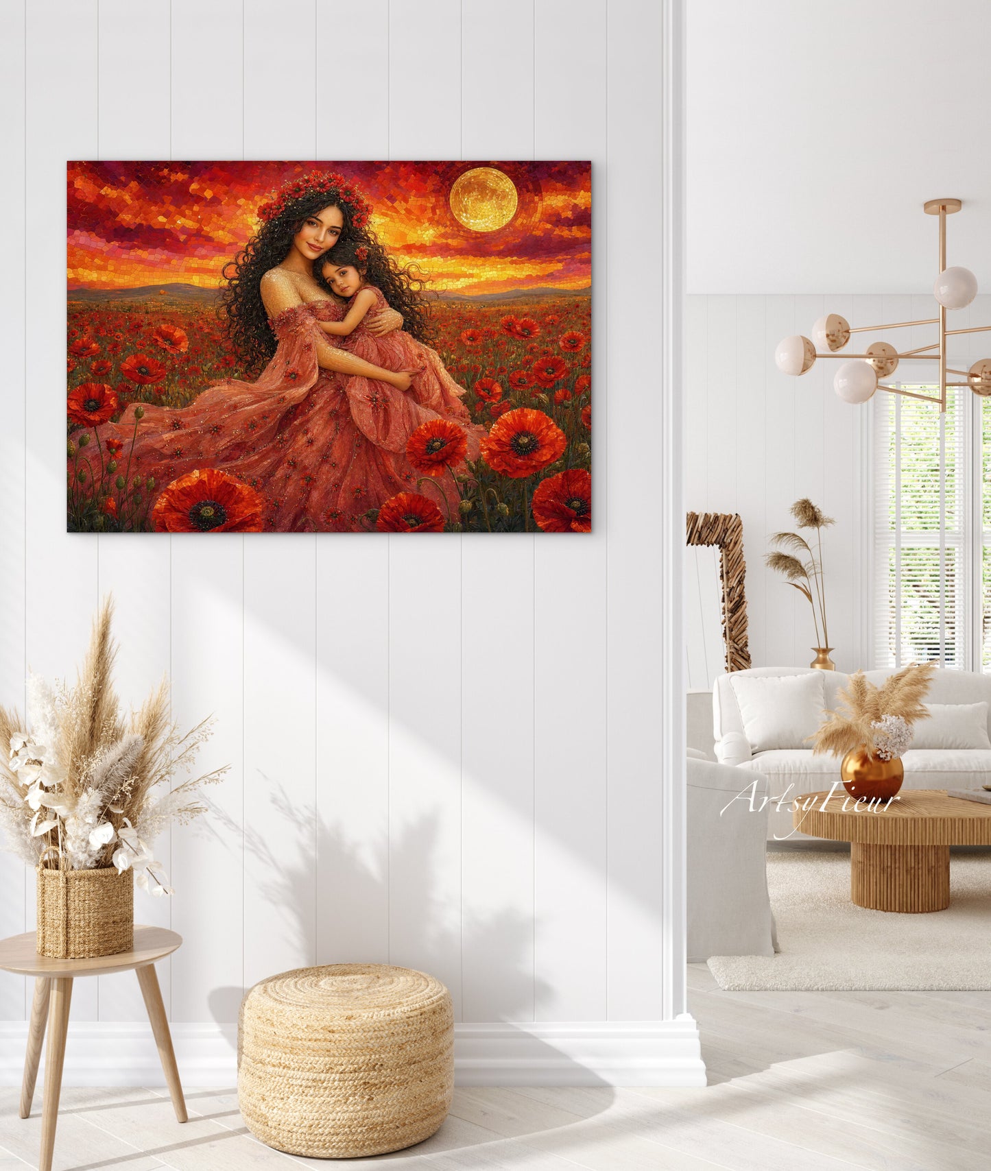 Framed Canvas- Vibrant Poppies Field Mother and Daughter Portrait Whimsical Full Moon Sunset Fantasy Oil Painting Wall Art Print