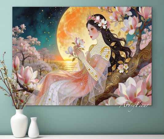 Framed Canvas- Vibrant Magnolia Flowers Beautiful Brunette Woman’s Abstract Portrait Mosaic Original Artwork Fantasy Wall Art Print