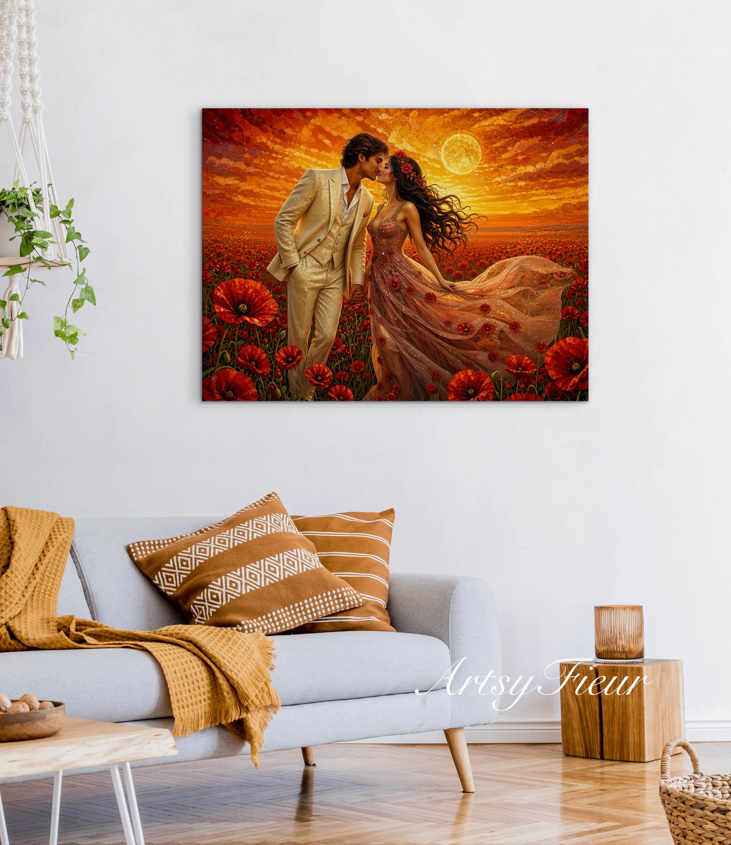 Framed canvas- whimsical full moon sunset bride and groom, wedding, poppy field, vibrant colours living room original artwork, fantasy oil painting wall art print