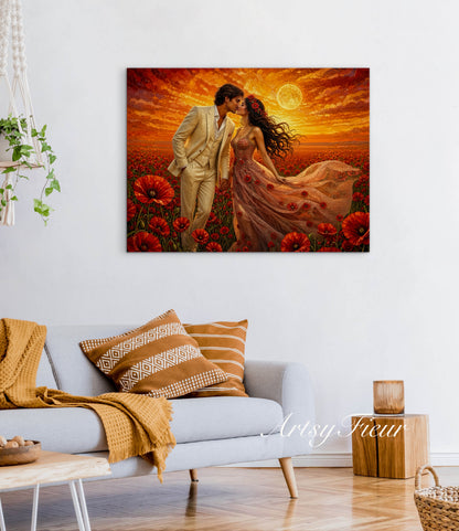 Framed canvas- whimsical full moon sunset bride and groom, wedding, poppy field, vibrant colours living room original artwork, fantasy oil painting wall art print