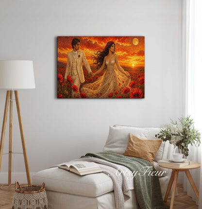 Framed canvas- whimsical full moon sunset -bride and groom, wedding, fantasy oil painting wall art print