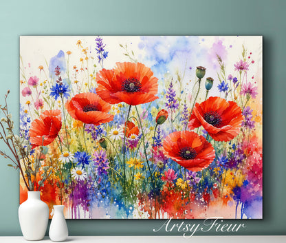 Framed canvas- ready to hand wall art print, beautiful vibrant colours watercolour fantasy painting poppy wildflowers ,floral landscape, unique gift, one of a kind original artwork