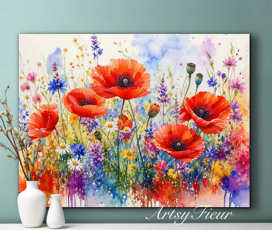 Framed canvas- ready to hand wall art print, beautiful vibrant colours watercolour fantasy painting poppy wildflowers ,floral landscape, unique gift, one of a kind original artwork