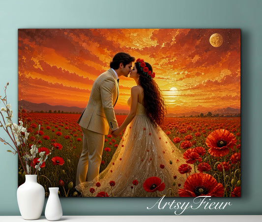 Framed canvas- whimsical full moon sunset bride and groom, wedding, poppy field, vibrant colours living room original artwork, fantasy oil painting wall art print