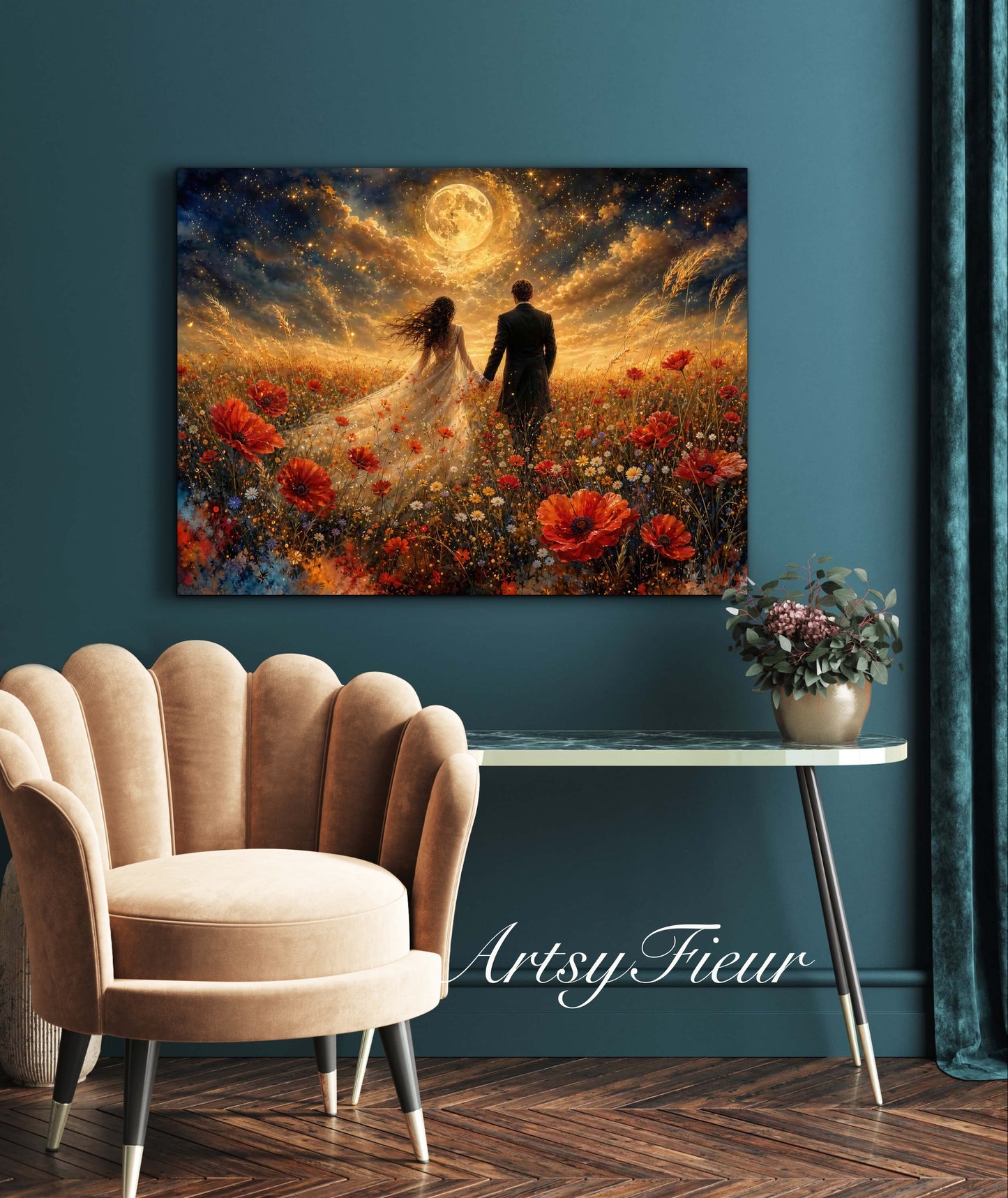 Framed canvas- whimsical full moon sunset -bride and groom, wedding gift, fantasy oil painting bedroom wall art print floral poppies field colourful vibrant colours
