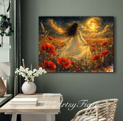 Framed Canvas - Vibrant poppies and wildflowers Whimsical Full Moon starry night sky Bride in Poppy Field, Wall Art Ready to hang original Artwork Print