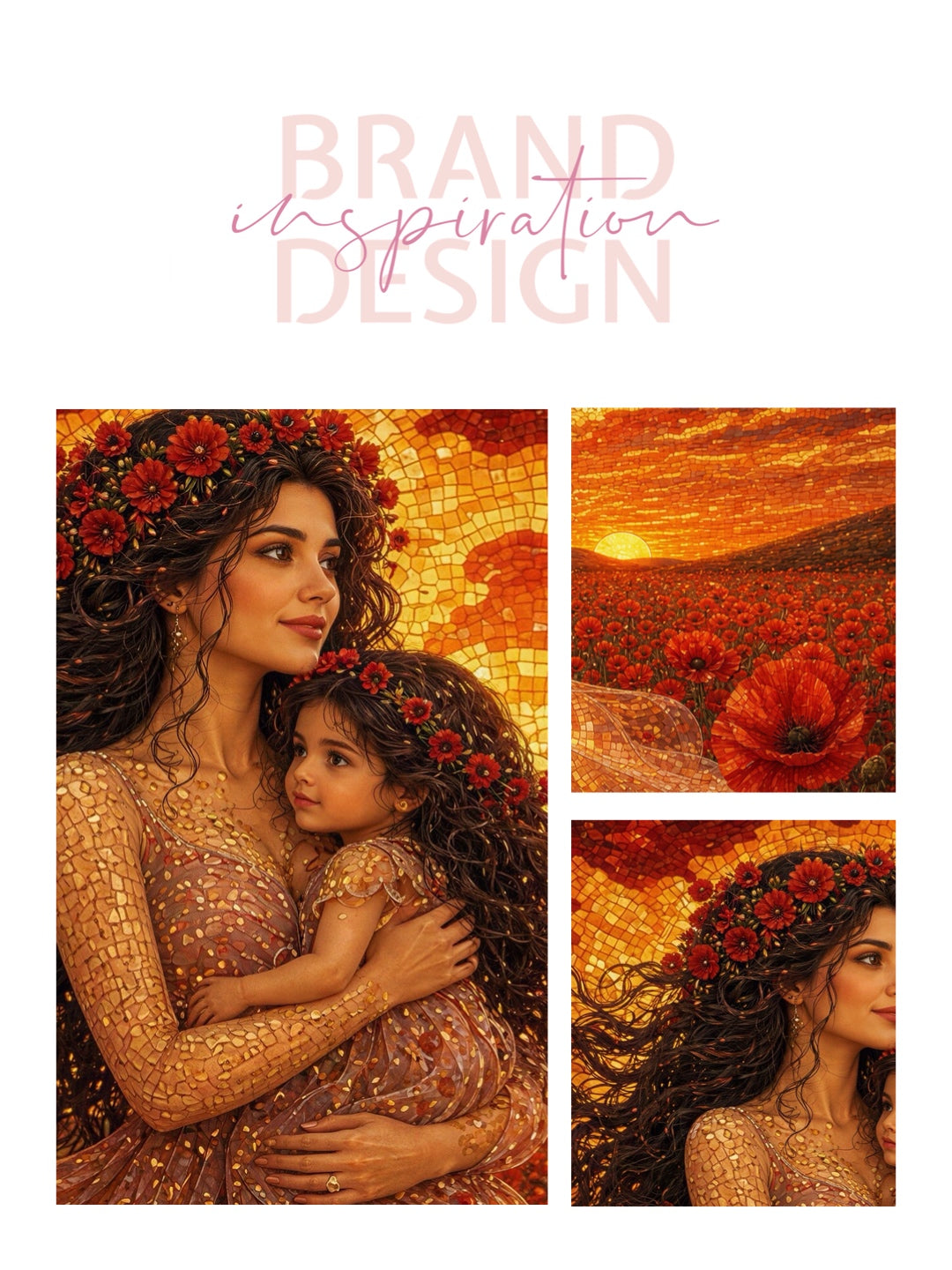 Framed Canvas- Vibrant Poppies Field Mother and Daughter Portrait Whimsical Full Moon Sunset Fantasy Oil Painting Wall Art Print