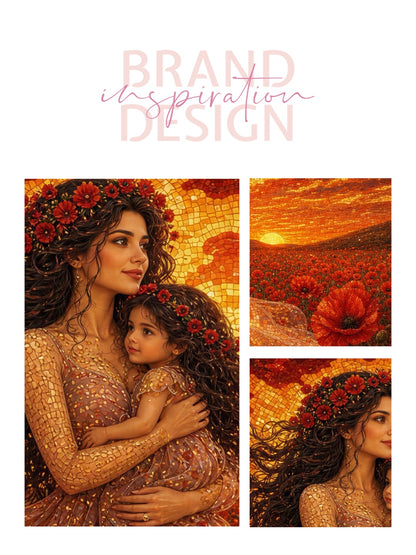Framed Canvas- Vibrant Poppies Field Mother and Daughter Portrait Whimsical Full Moon Sunset Fantasy Oil Painting Wall Art Print