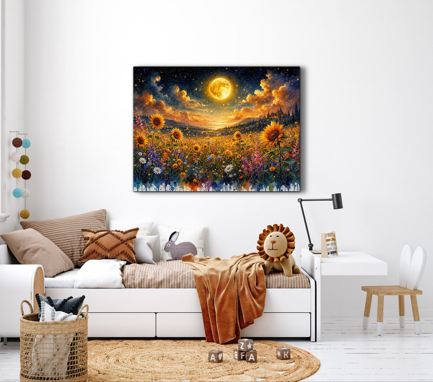 Framed Canvas- Beautiful Vibrant Colours Full Moon Floral Landscape, Wildflowers and Sunflowers Field under Night Sky Living Room Wall Art