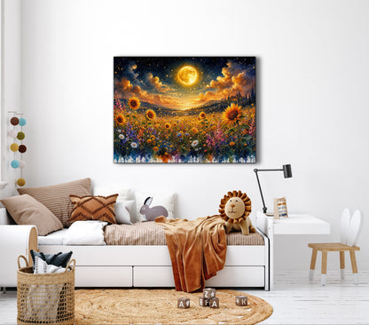 Framed Canvas- Beautiful Vibrant Colours Full Moon Floral Landscape, Wildflowers and Sunflowers Field under Night Sky Living Room Wall Art