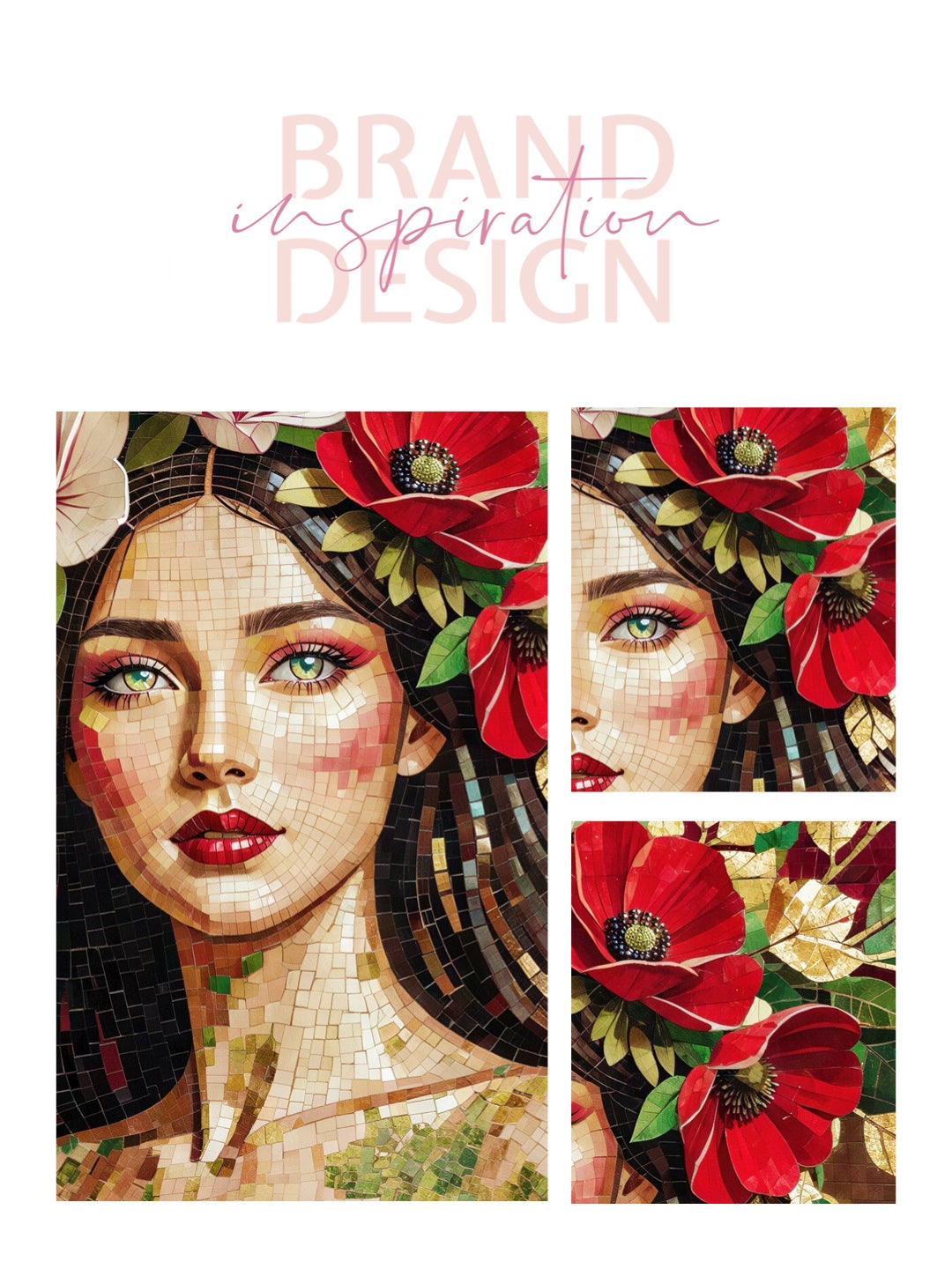 Framed Canvas- Vibrant Magnolia Flowers Beautiful Brunette Woman’s Abstract Portrait Mosaic Original Artwork Fantasy Wall Art Print Mother Nature