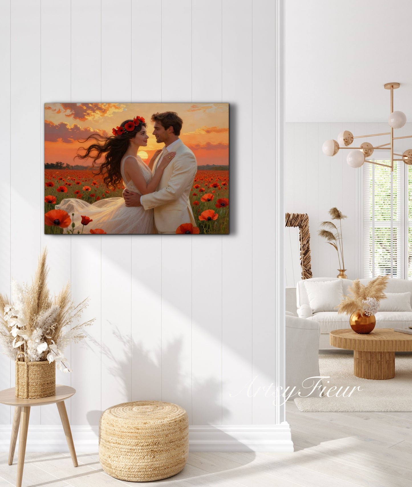 Framed canvas- whimsical full moon sunset bride and groom, wedding, poppy field, vibrant colours living room original artwork, fantasy oil painting wall art print