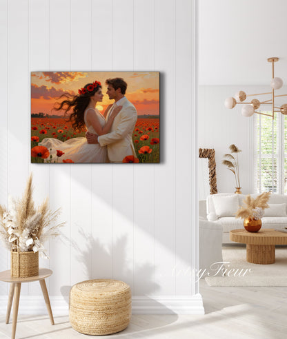 Framed canvas- whimsical full moon sunset bride and groom, wedding, poppy field, vibrant colours living room original artwork, fantasy oil painting wall art print