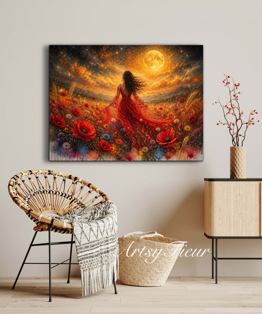 Framed Canvas - Vibrant poppies and wildflowers Whimsical Full Moon starry night sky Bride in Poppy Field, Wall Art Ready to hang original Artwork Print Red Dress