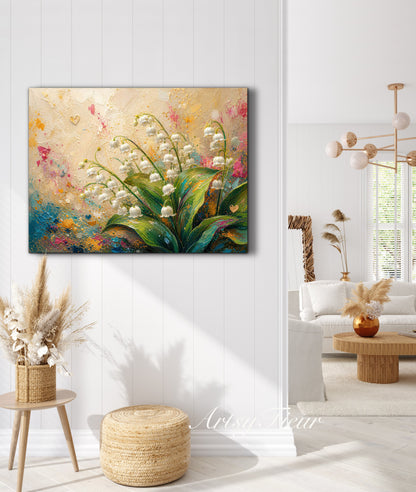Framed Canvas Print- Vibrant Wildflowers and lily of the valley Oil Painting Textured Wall Art , Beautiful Original Artwork Ready to Hang Living Room, Floral